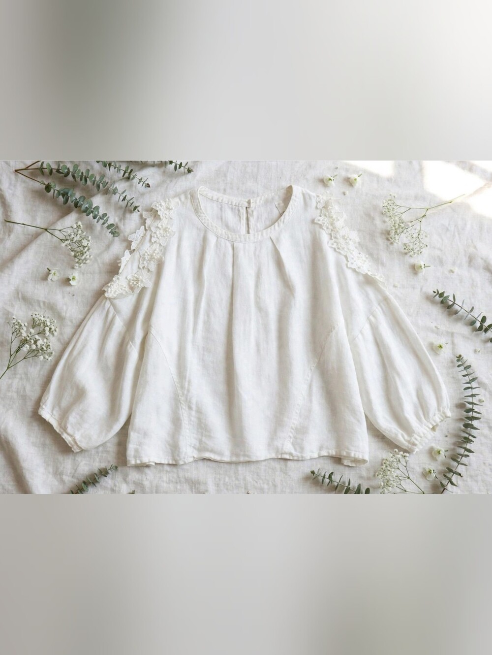 Anthropologie Ivory Cold-Shoulder Blouse with Floral Appliqué